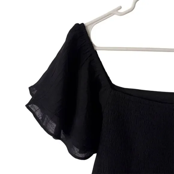 Black Flutter-Sleeve Midi Dress Women's M Chic Elegant Square Neck Casual - Picture 4 of 5